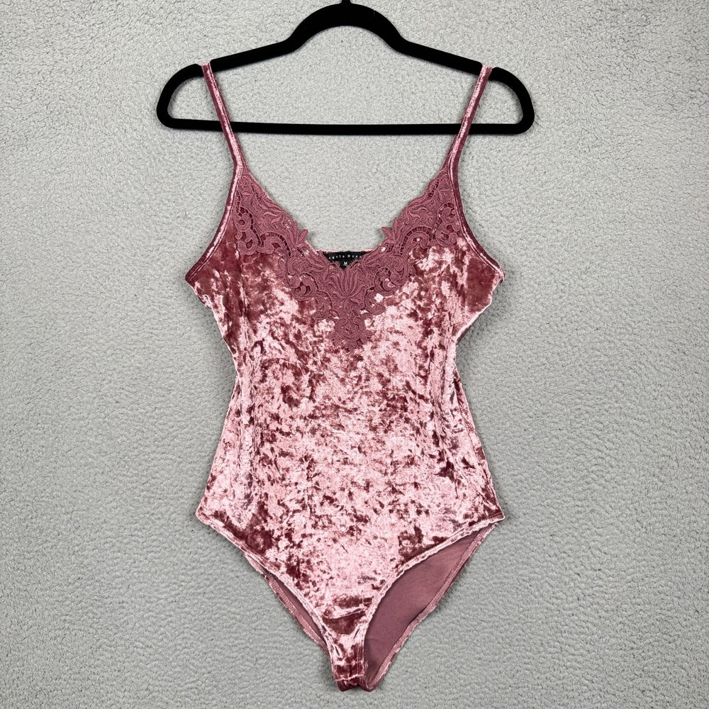 Haute Monde Bodysuit Womens M Dusty Rose Crushed Velvet Fairy Lace Y2K Romantic - Picture 1 of 12